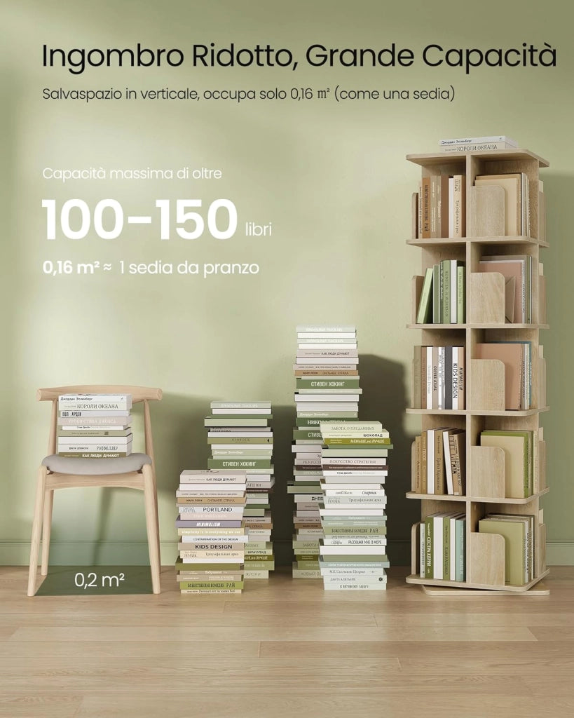 Libreria Girevole a 5 Livelli, Libreria Alta e Stretta, Scaffale d'Angolo a Pavimento, Scaffale Girevole per Libri, Rovere Chiaro