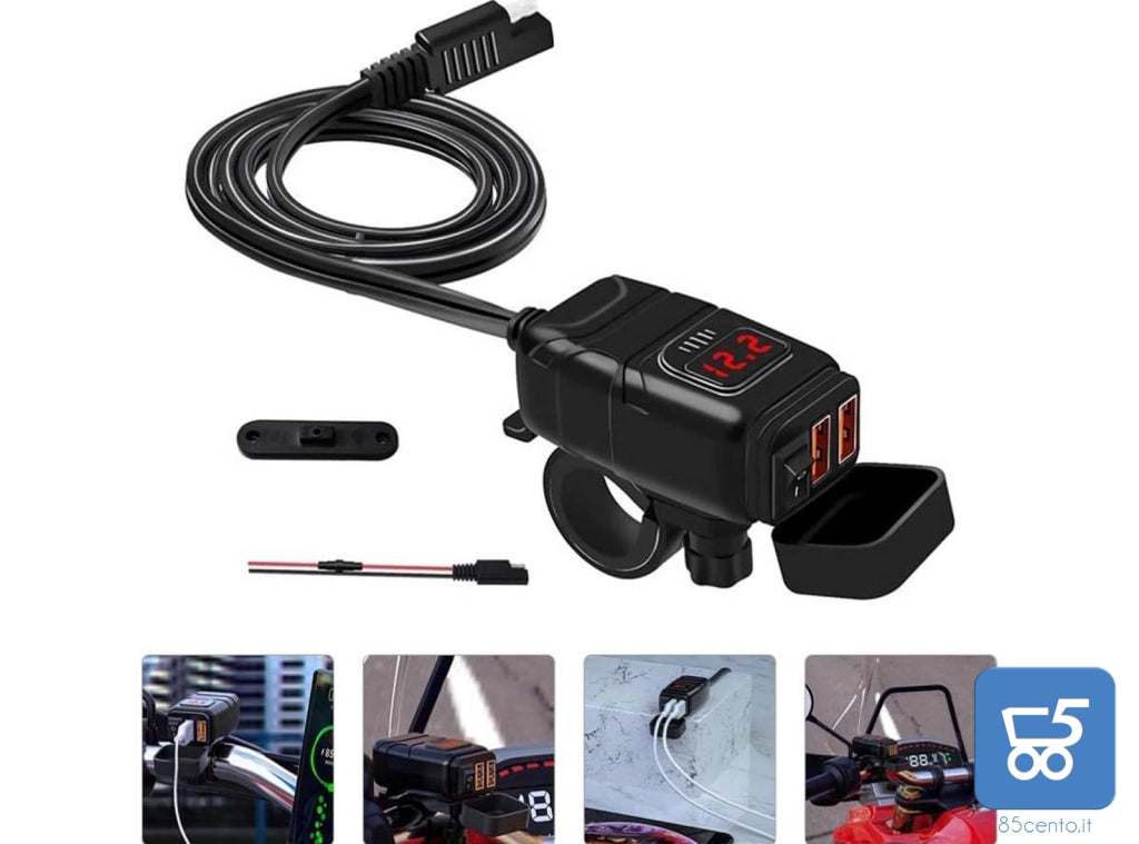 Set Caricabatterie con Spina Din 2 USB QC 3.0 per Auto Moto con Copertura Impermeabile