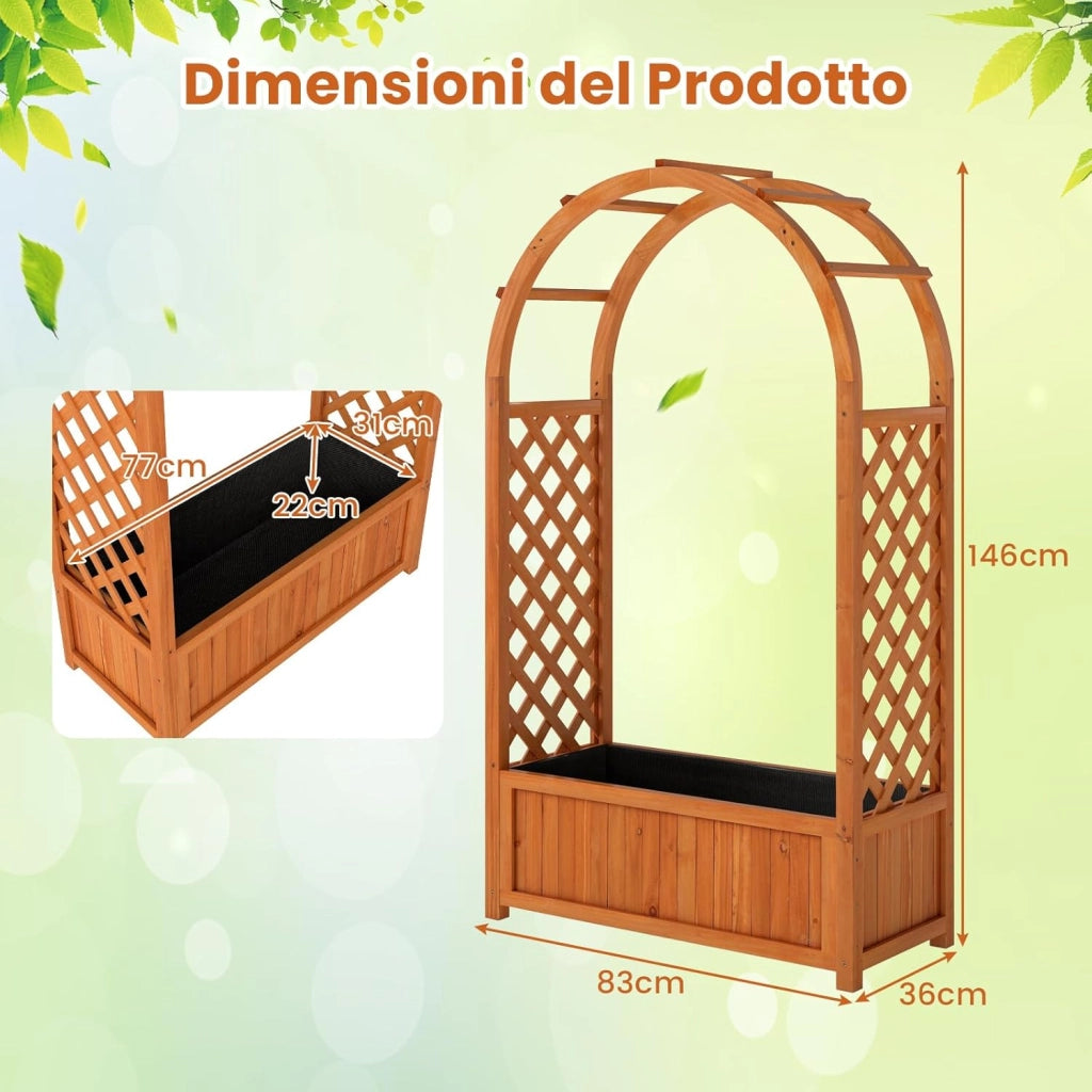 Letto da Giardino Rialzato in Legno, Orto Rialzato Verticale con Griglia, Tetto Curvo, Fodera e Drenaggio, Fioriera Grande per Cortile, Giardino e Patio, 83 x 36 x 146 cm
