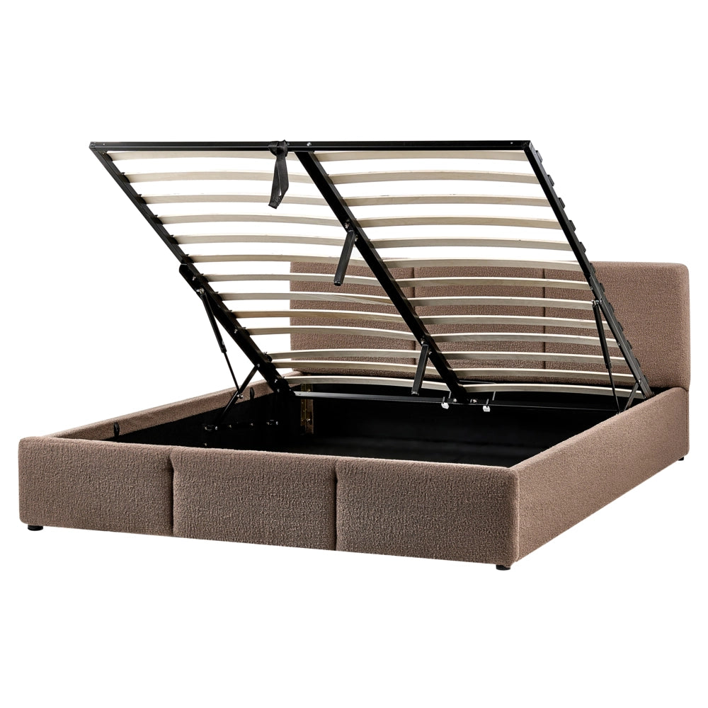 Letto matrimoniale in tessuto bouclè bianco sporco con contenitore 160 x 200 cm Testiera Rivestita Funzione Contenitore