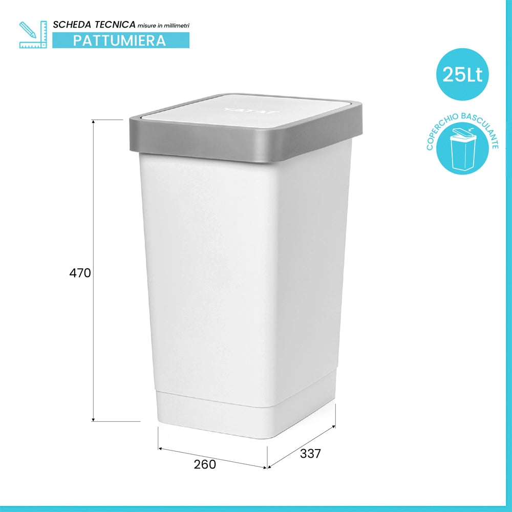 Pattumiera in plastica bianco 25 litri con coperchio grigio basculante