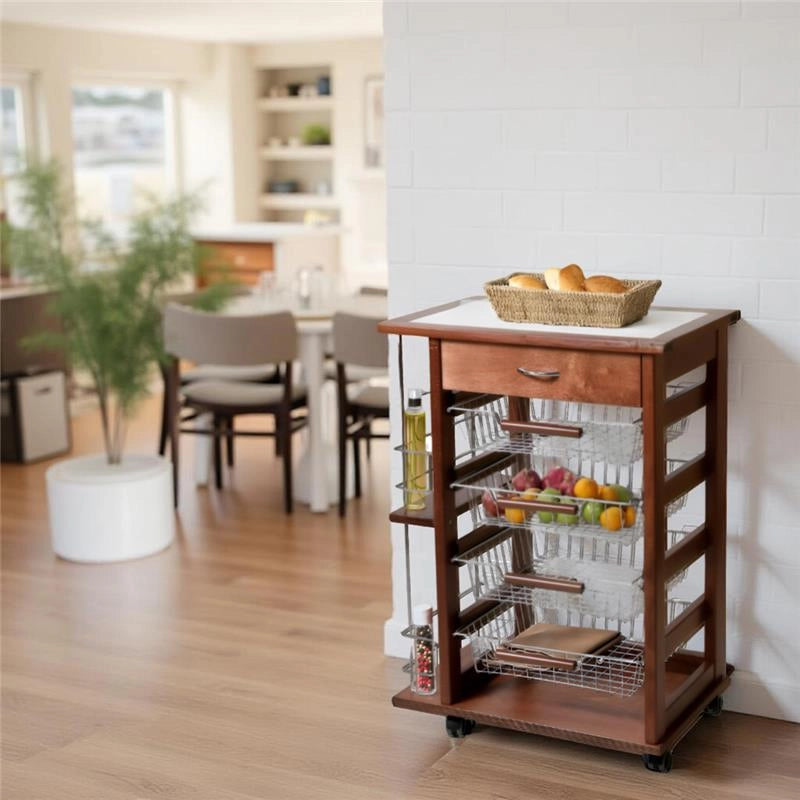 CARRELLO VESUVIO CON CASSETTO+PORTABOTTIGLIE NOCE IN FAGGIO BASE MULTISTRATO DI BETULLA 1 CASSETTO 4 CESTELLI PIANO MATTONELLE IN CERAMICA