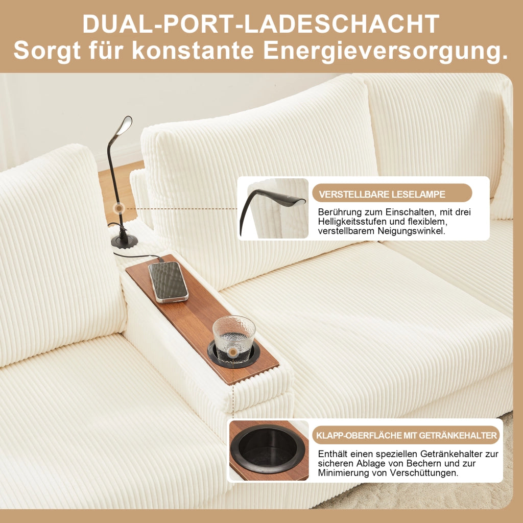 Divano angolare 4 posti con ricarica USB e Type-C; contenitore - in tessuto a coste beige