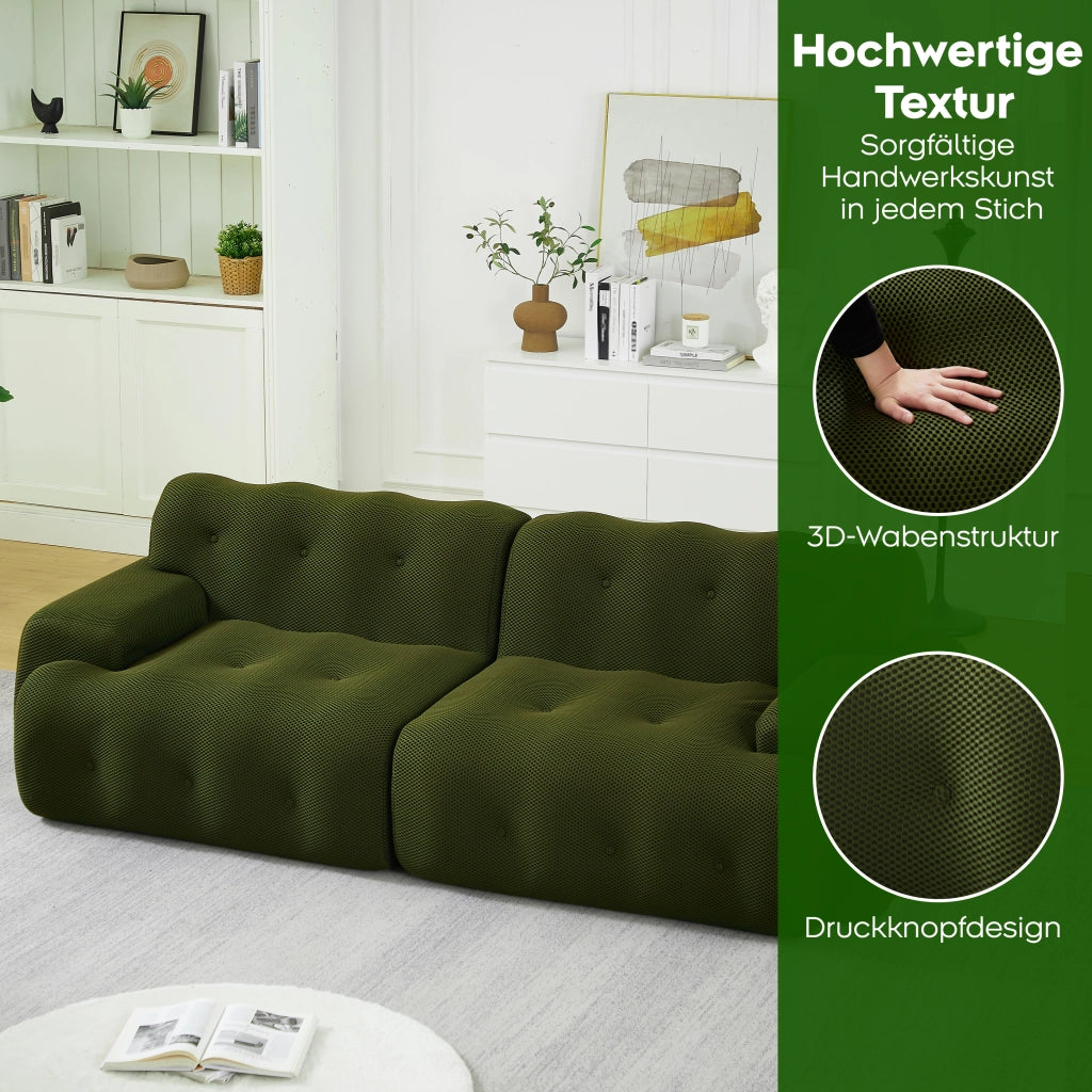 Divano a due posti in tessuto con braccioli ampi, bottoni cuciti a mano e base antiscivolo verde 224 × 104 × 66 cm