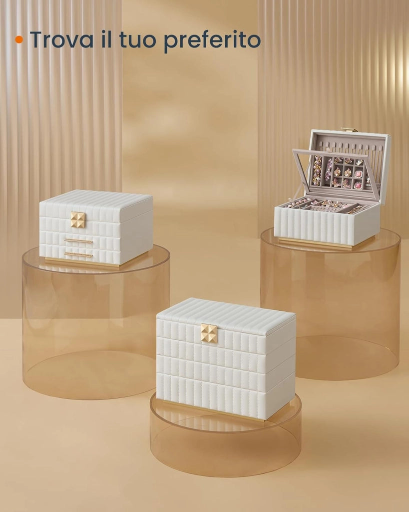 ANAH Collezione - Scatola Portagioie 3 Ripiani con Specchio, Porta Gioielli, 2 Cassetti, PU con Cucitura, Effetto Fluttuante, 21,5 x 24 x 15,8 cm, Idea Regalo, Bianco Nuvola JBC183W01