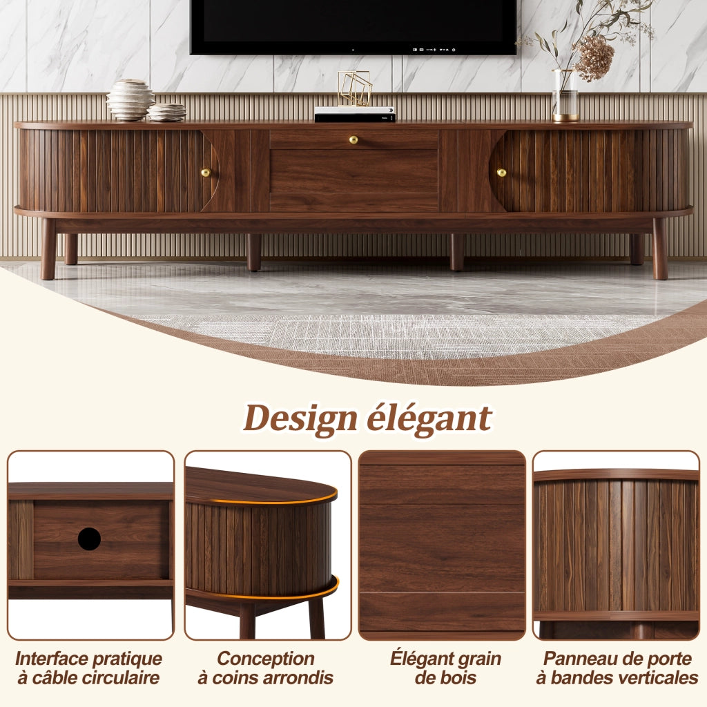 OKWISH Mobile TV con 2 Cassetti e 2 Ante Scorrevoli, Angoli Arrotondati, Gambe in Legno, MDF, Noce 170×39,5×38 cm