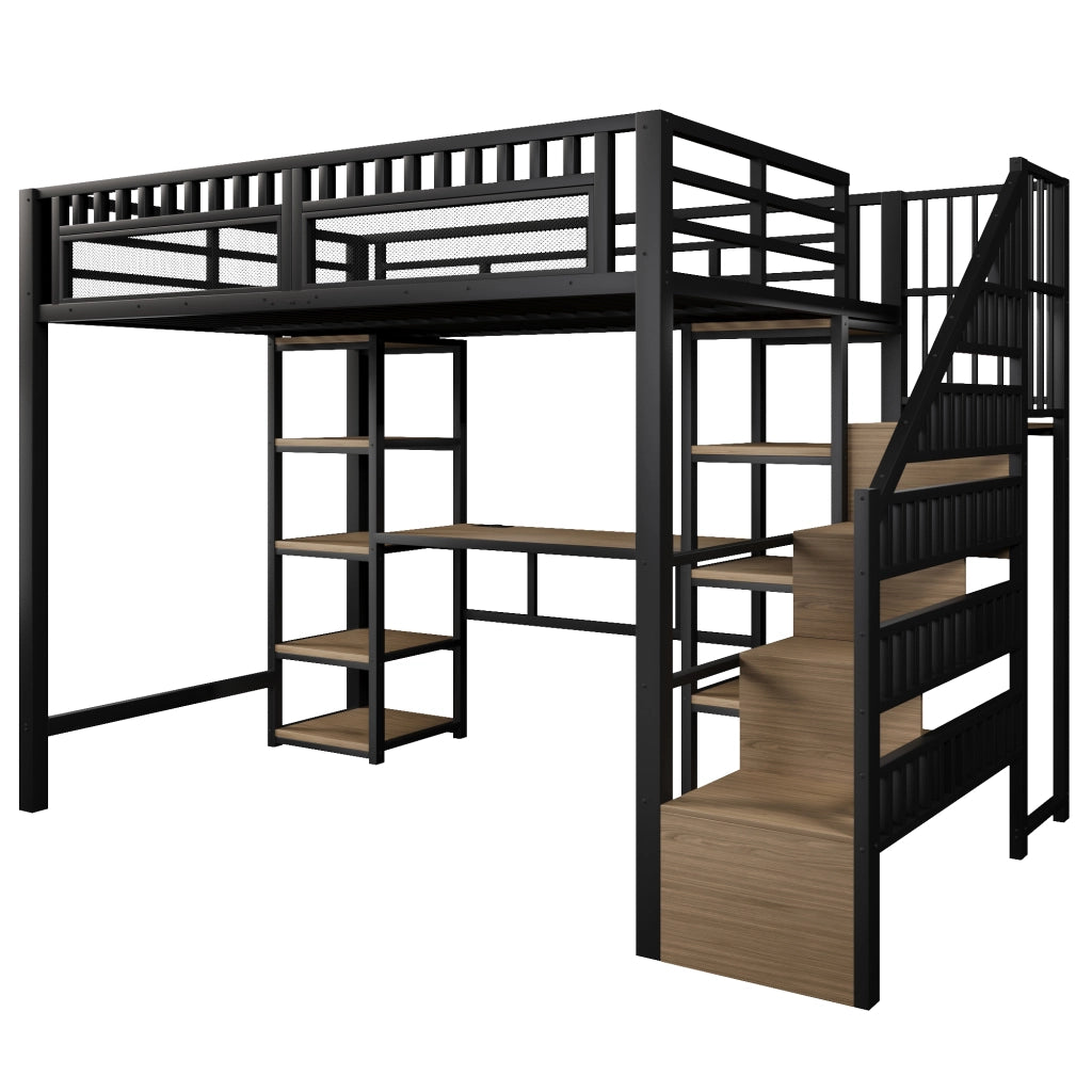 Letto a soppalco matrimoniale 140×200 cm con scrivania; LED; USB; scala contenitore; senza materasso; nero