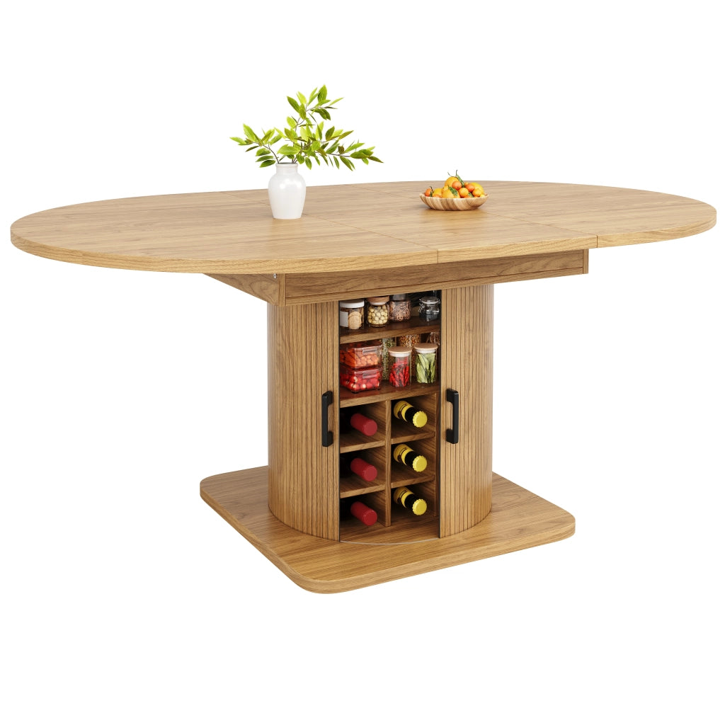 Tavolo da pranzo allungabile con contenitore; ripiani rimovibili e portabicchieri; in MDF e metallo; naturale; 118-158 × 118 × 76 cm