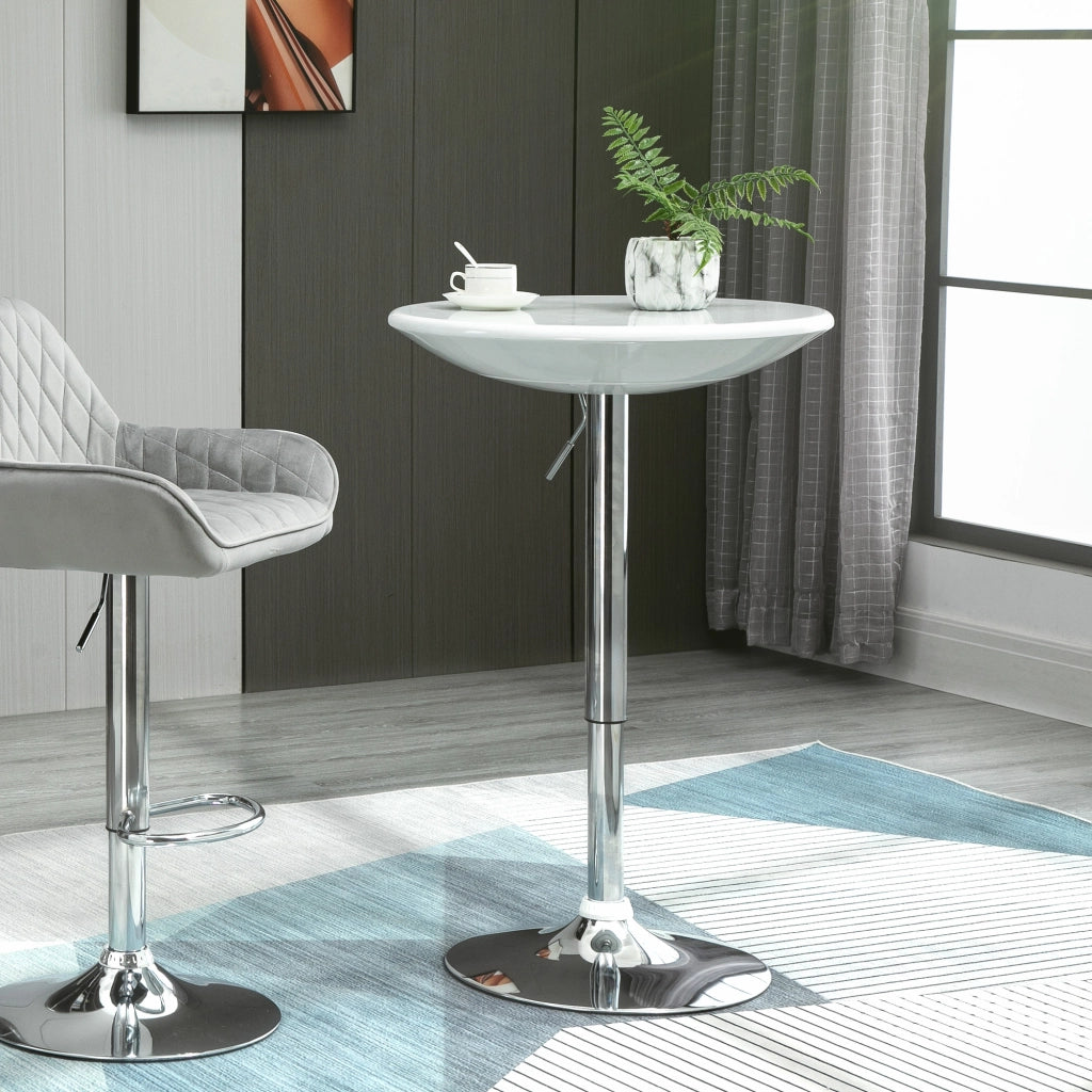 Tavolo bar regolabile in altezza Ø61 x 76-97 cm, piano girevole a 360°, struttura in metallo, bianco