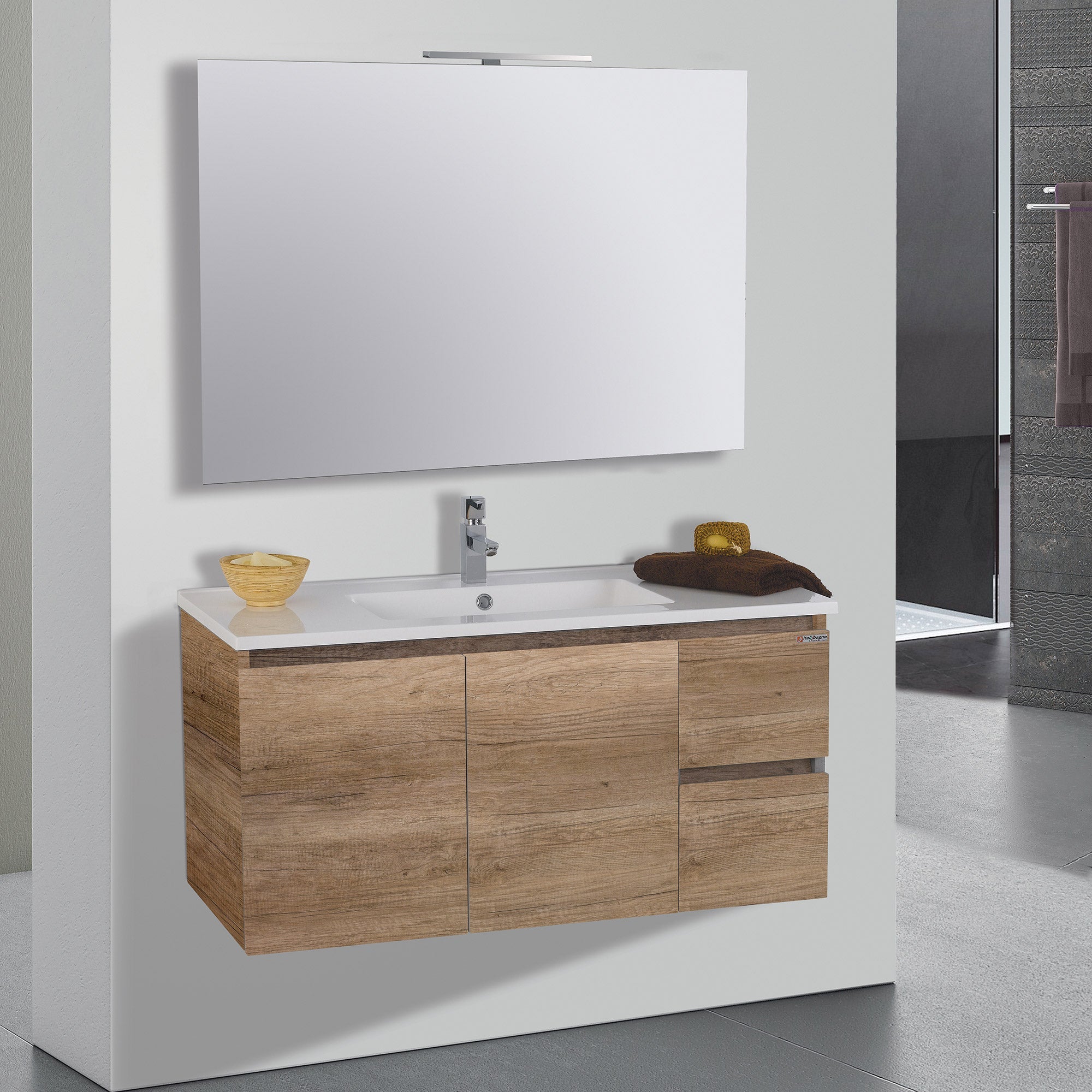 Mobile da Bagno Sospeso 100cm Mazzoni Maiorca Light 2+2 Noce Chiaro Frassinato