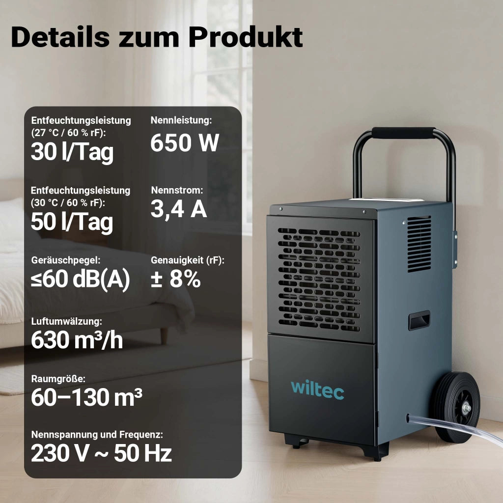 Deumidificatore industriale fino a 50 l/giorno, 650 W, asciugatura muri bagnati per grandi ambienti, max 130 m², serbatoio da 7 l, timer 24 ore