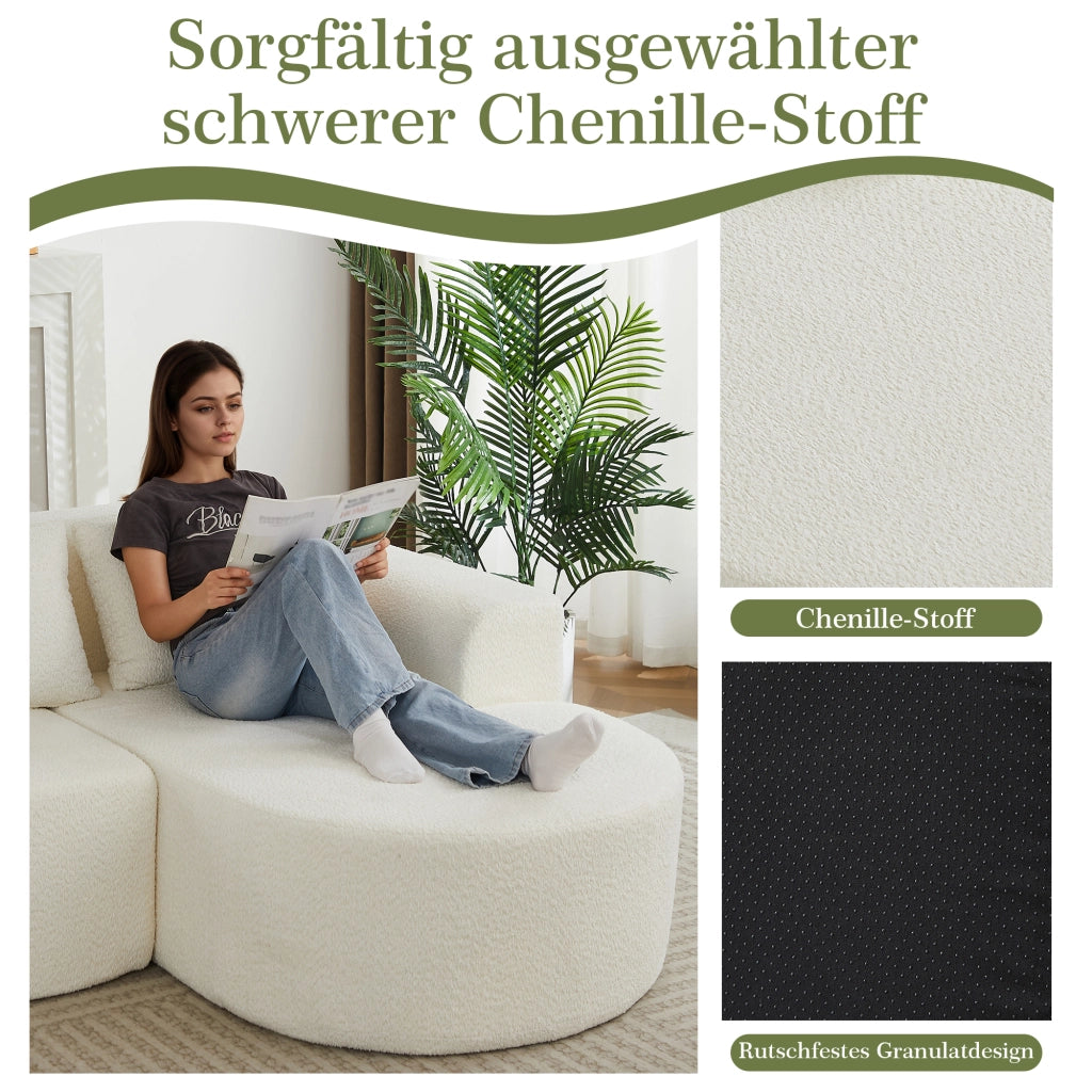 Divano angolare con chaise longue a destra e 3 cuscini schienale, design arrotondato in ciniglia beige