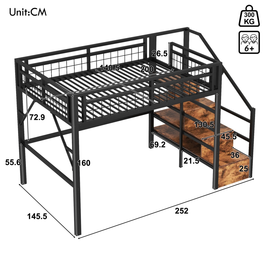 Letto a soppalco 140x200 cm con LED e scale contenitore nero