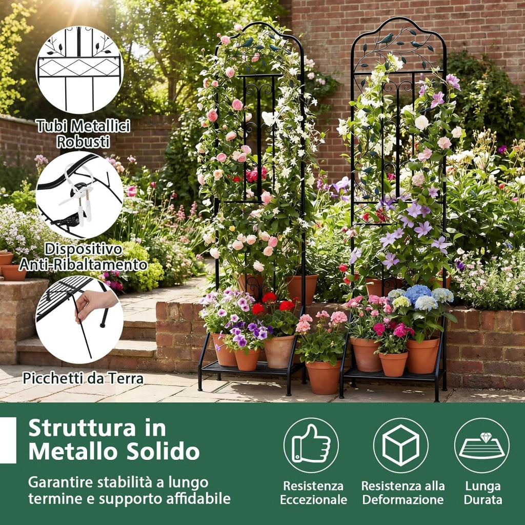 Traliccio per Rampicanti Metallo con Ripiano Pieghevole, Graticcio per Piante da Esterno, Griglia per Piante Rampicanti per Giardino, Cortile e Patio, 50 x 30 x 189,5 cm (Nero,2)