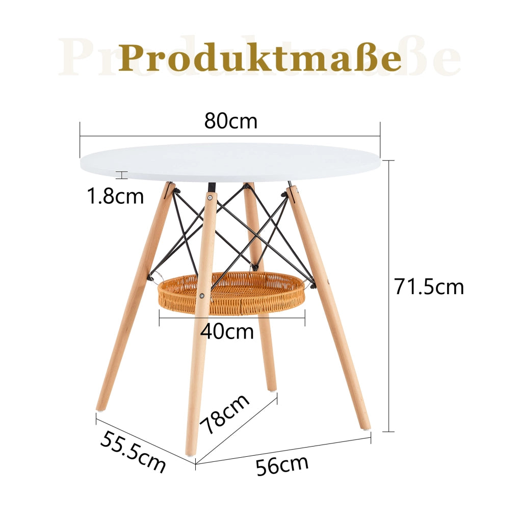 Tavolo da pranzo rotondo con cestello sospeso, 2-4 posti, in MDF e legno massiccio, per piccoli spazi, bianco, Ø 80 cm