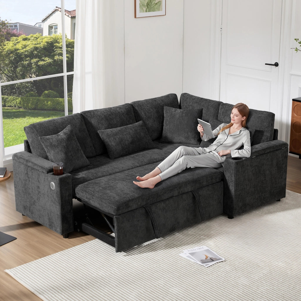 Divano Angolare Letto con Contenitore ¨C MINIMAL ¨C Grigio, Tessuto, Portabicchieri, USB