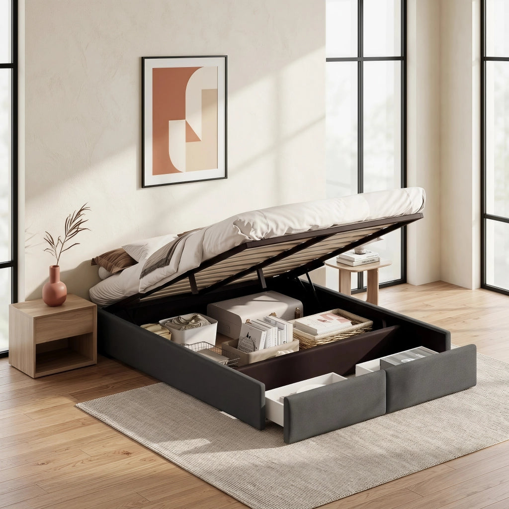 Letto matrimoniale contenitore 160x200 cm con vano idraulico e 2 cassetti rete a doghe senza testiera in lino grigio