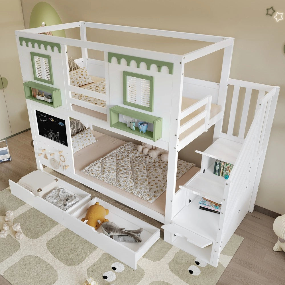 Letto a Castello Bambini con Cassetti e Scala ¨C Xylo ¨C Pino/MDF/Multistrato, Bianco+Verde, 90x200