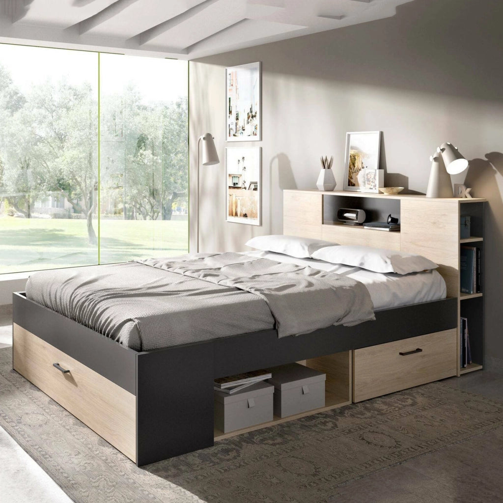 Letto alla francese Conching, Sommier per camera da letto, Giroletto per stanza, Struttura porta materasso, 150x219 h95 cm, Antracite e Rovere