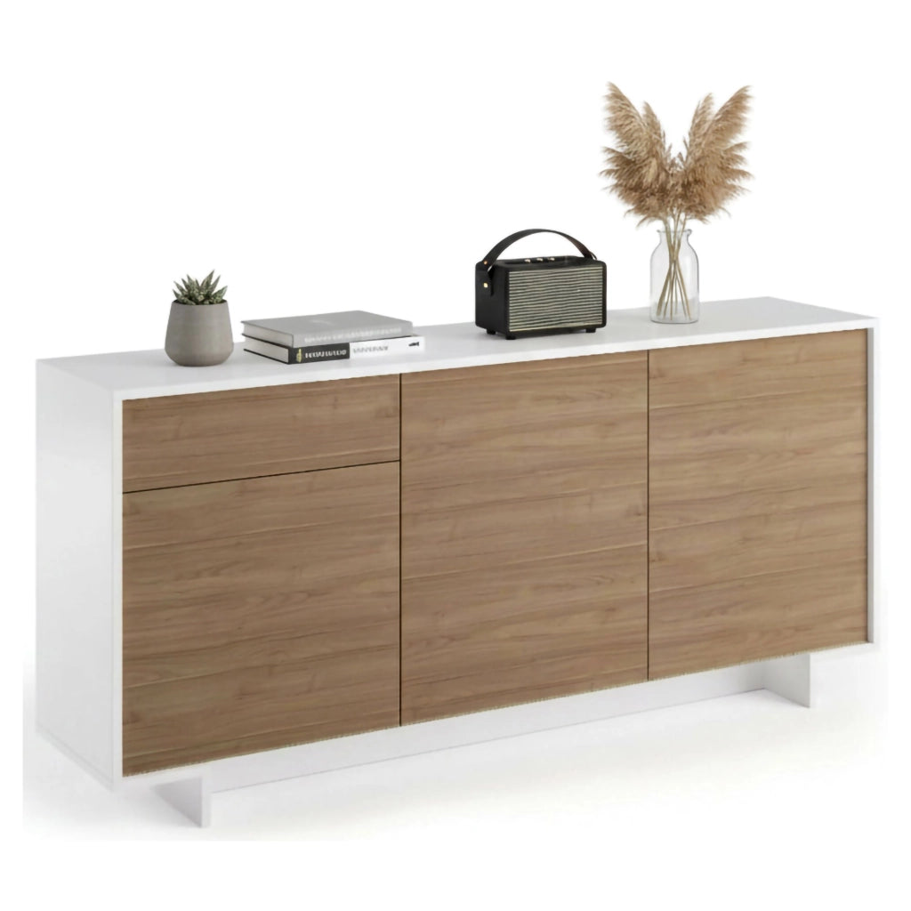 Credenza Aronne, Madia da salotto, Buffet da soggiorno a 3 ante e 1 cassetto, 100% Made in Italy, 170x42h78 cm, Bianco e Rovere