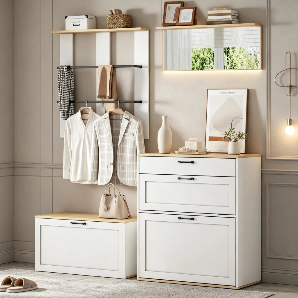 Set guardaroba 156x36x176 cm multifunzione con scarpiera pieghevole; MDF e truciolare; bianco e naturale