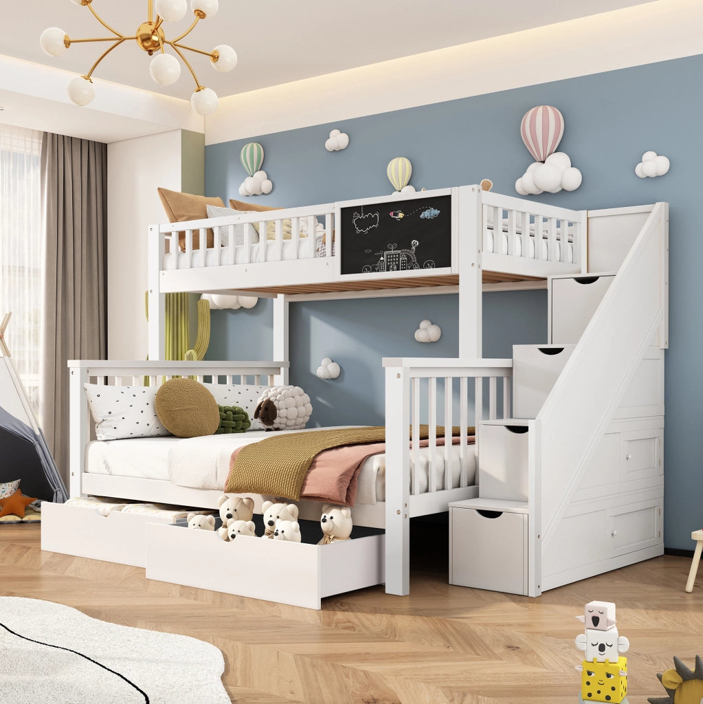 Letto a castello per bambini 90x200 e 140x200 cm con lavagna e cassetti bianco