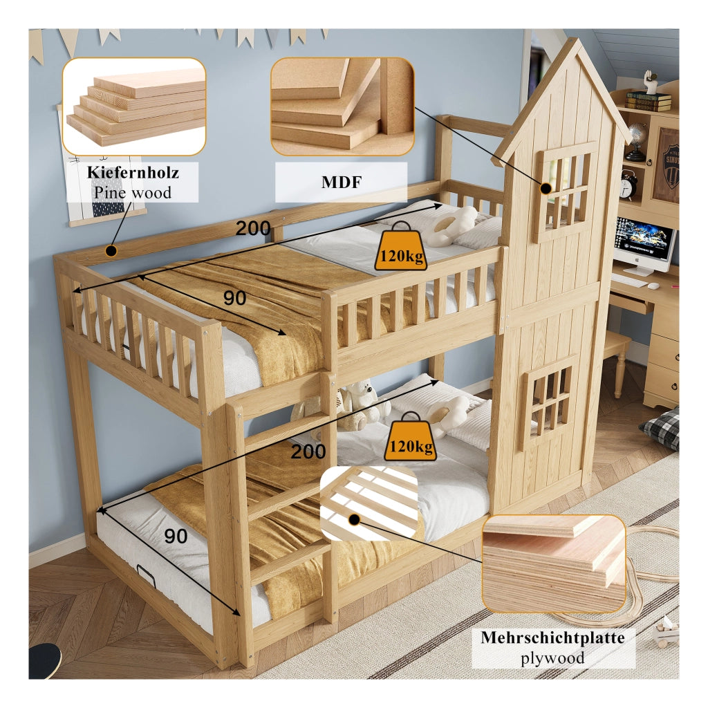 Letto a castello a casetta 90x200 cm con 2 finestre; scala a 3 gradini e parapetto integrale; pino e MDF; naturale