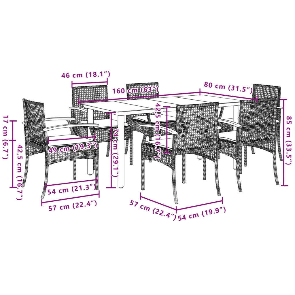 Set da Pranzo da Giardino 7 pz Nero con Cuscini in Polyrattan