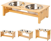 Supporto per Piatti per Cani e Gatti con Piatti in Acciaio Inossidabile e Ciotola per Cibo in Bambù con Piedini Antiscivolo.