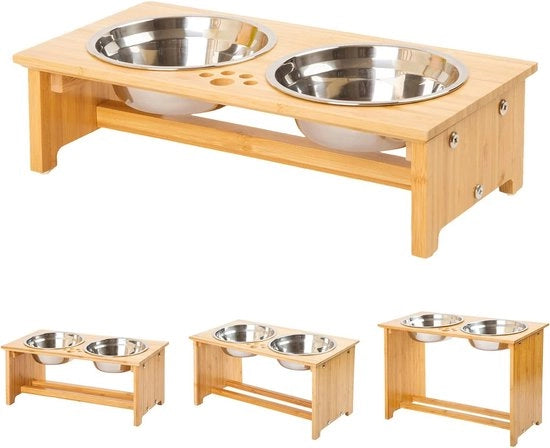 Supporto per Piatti per Cani e Gatti con Piatti in Acciaio Inossidabile e Ciotola per Cibo in Bambù con Piedini Antiscivolo.