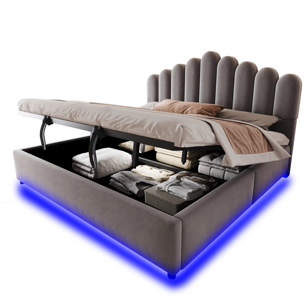 Letto imbottito 180x200 cm con contenitore idraulico, testiera imbottita, luce LED e struttura a doghe, colore grigio