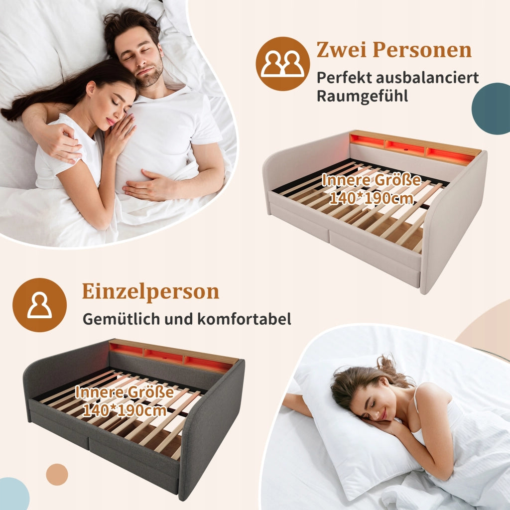Letto imbottito 140x190 - Xylo - LED, USB-C, cassetti, colore beige chiaro