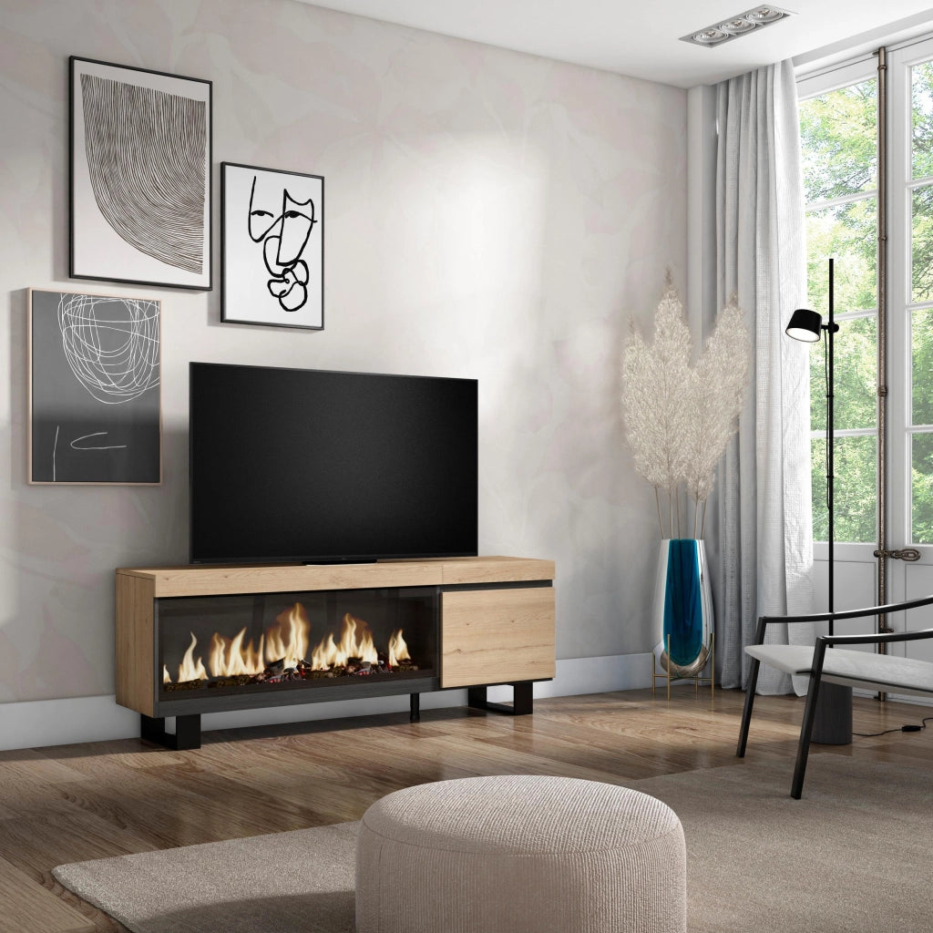 Mobile TV Soggiorno, 158x35x57cm, Per TV fino a 65", Camino elettrico XXL, Design industriale, colore Rovere RF3251