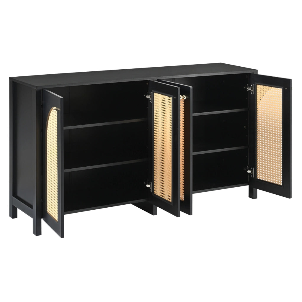 Credenza a 4 ante in MDF e rattan PE; nera