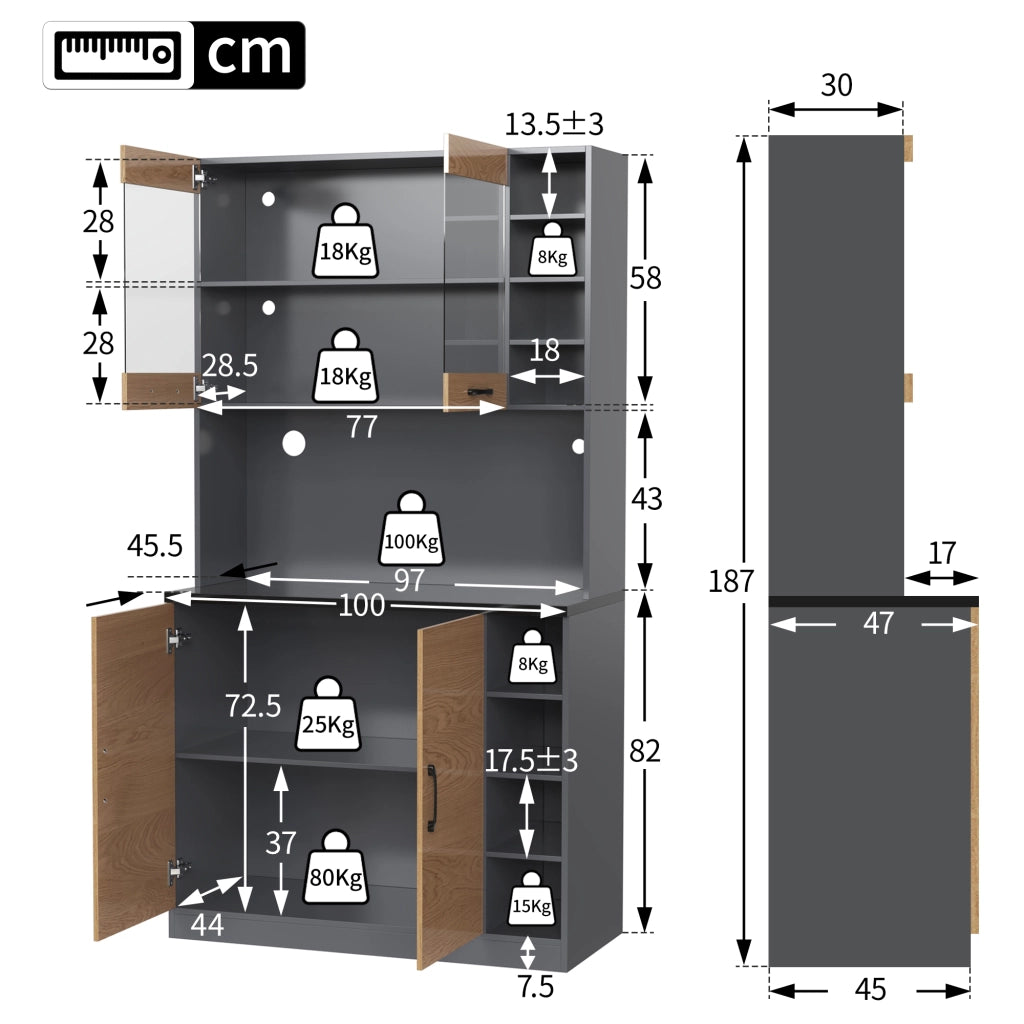 Credenza alta da cucina con LED, ripiani regolabili e vetro, per cucina e soggiorno, grigio naturale, 100 × 47 × 187 cm