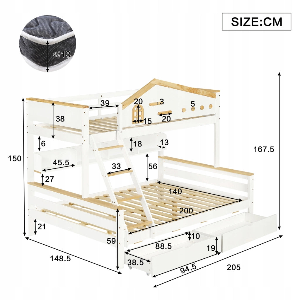 Letto a castello con scale e cassetti - Xylo - 90x200 - Bianco e legno