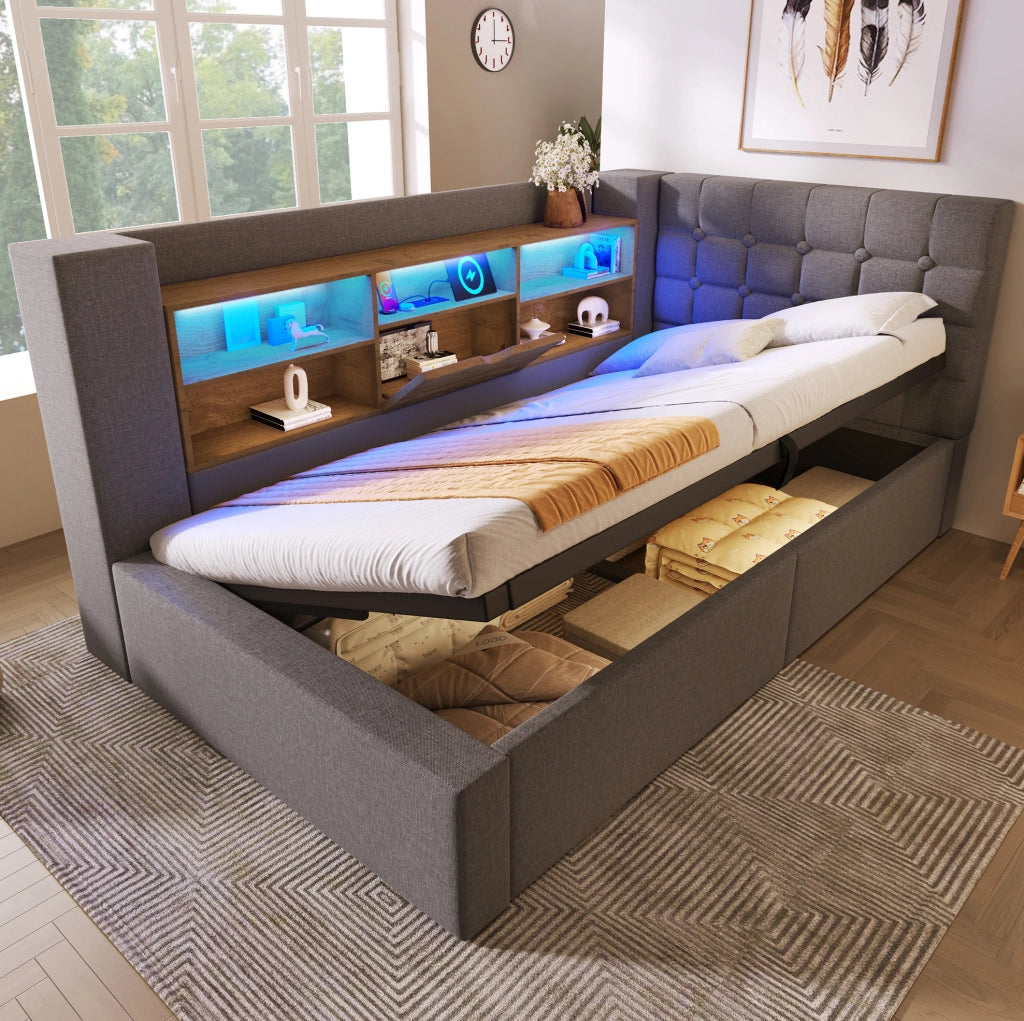 Letto singolo imbottito 90x190 cm con contenitore; LED e prese USB; grigio
