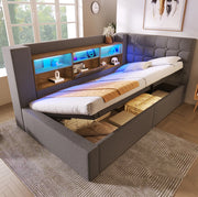 Letto singolo imbottito 90x190 cm con contenitore; LED e prese USB; grigio