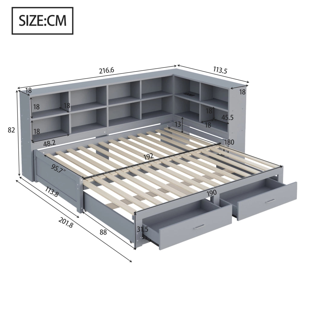 Letto multifunzione 90/180x190 cm con contenitore; prese multifunzione e cassetti in legno grigio