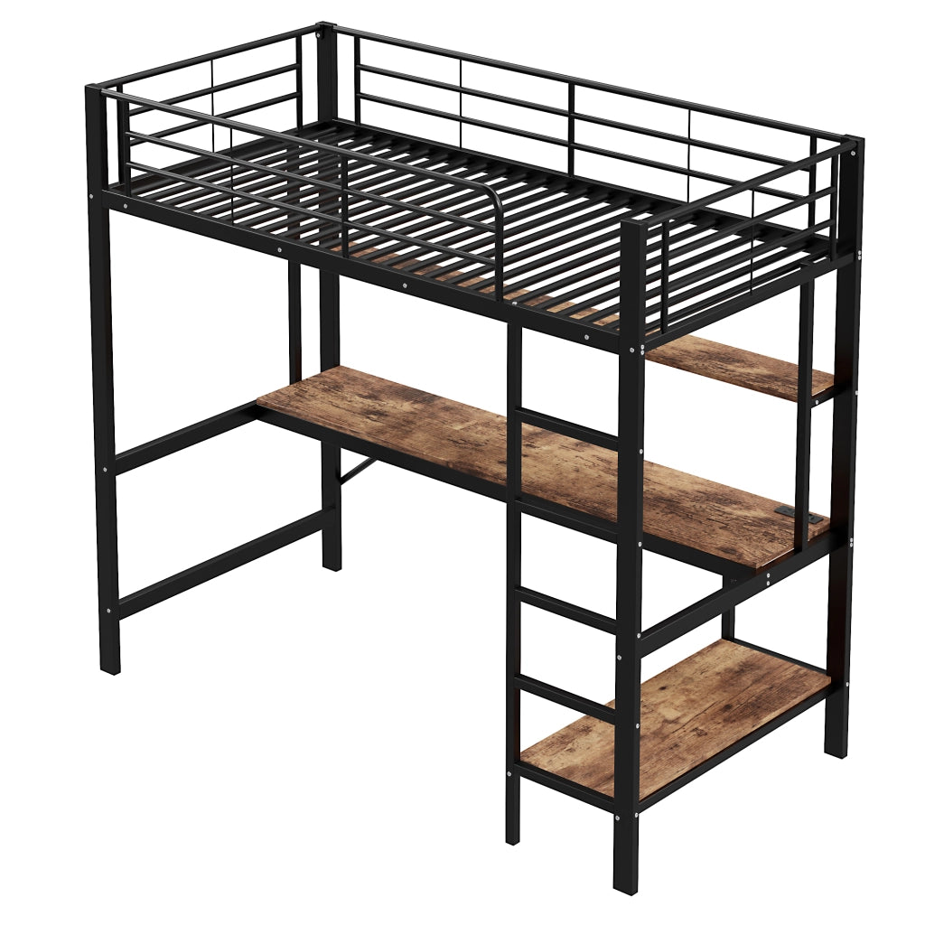 Letto a soppalco singolo 90×200 cm con LED; scrivania; ripiani; scala; USB e presa; senza materasso; metallo; nero