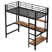 Letto a soppalco singolo 90×200 cm con LED; scrivania; ripiani; scala; USB e presa; senza materasso; metallo; nero