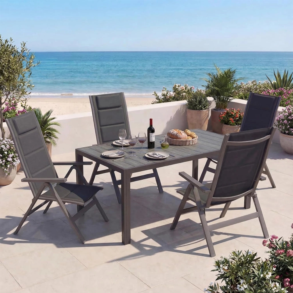 Set Tavolo e Sedie da Giardino 7 Pezzi, Composto da Tavolo 150 cm in Alluminio e 6 Sedie Pieghevoli, Tavolo da Giardino con Finitura a Vena di Legno con Sedie da Terrazza, Balcone, Naturale