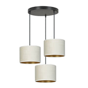 Lampadario Tondo 3 Luci Ganesha In Acciaio Nero E Paralumi In Tessuto Beige