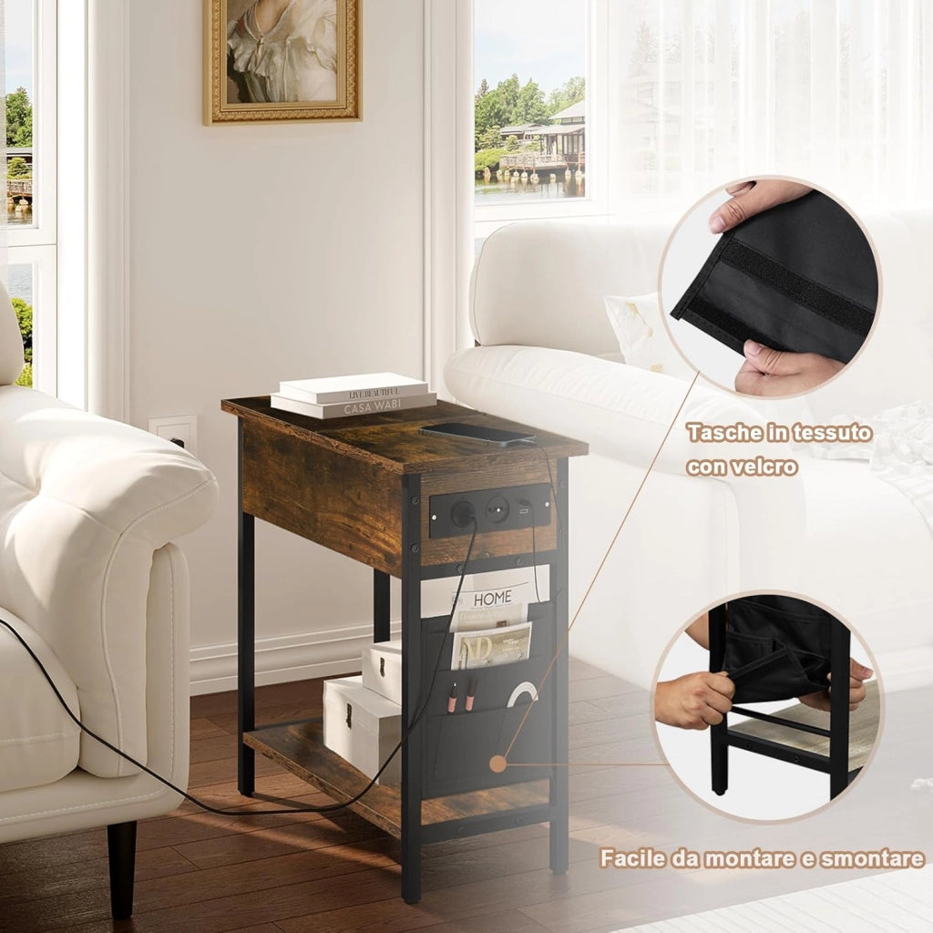 Tavolino da Salotto con Area di Ricarico, Tavolino da Divano Laterale, Comodino con Piano Ribaltabile, Scatola in Tessuto, 2 Prese e 2 Porta USB, Rovere Vintage