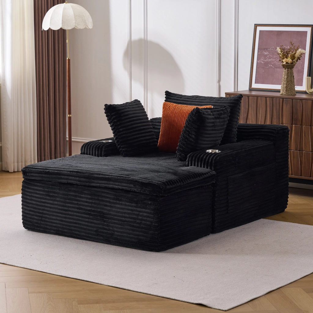 Divano chaise longue senza assemblaggio con cuscini e portabicchieri per salotto in velluto a coste nero 2 pezzi