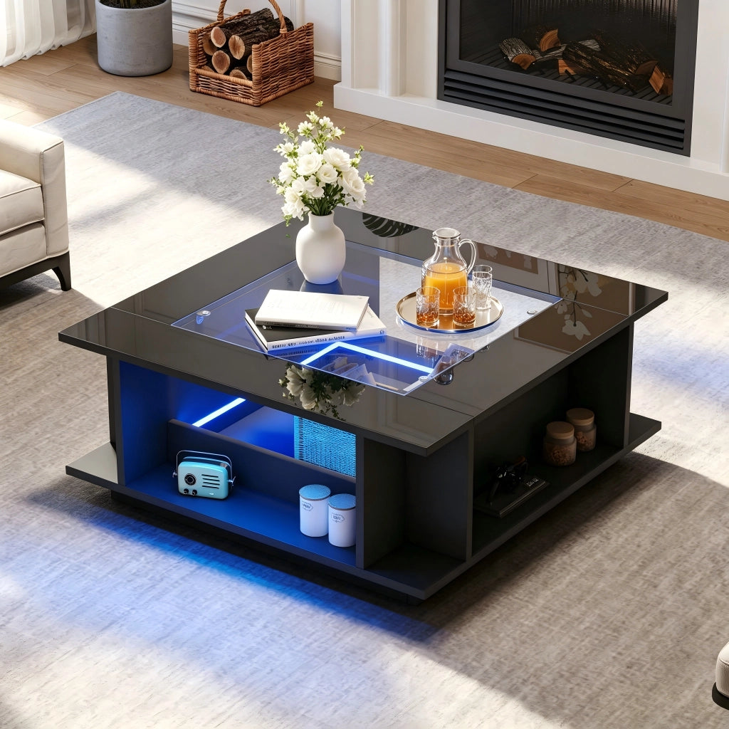 Tavolino basso con LED, piano in vetro e vani aperti, per soggiorno, in truciolare nero, 70 × 70 × 30 cm