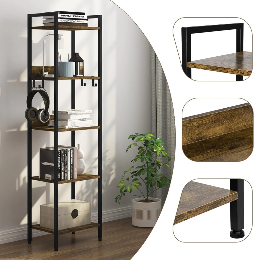 Libreria a 6 Ripiani, Scaffale con 4 Ganci Industriale, Scaffale a Scala in MDF e Metallo per Soggiorno, Cucina, Studio, Ufficio,Bianco,40x30x187cm RGB931hov