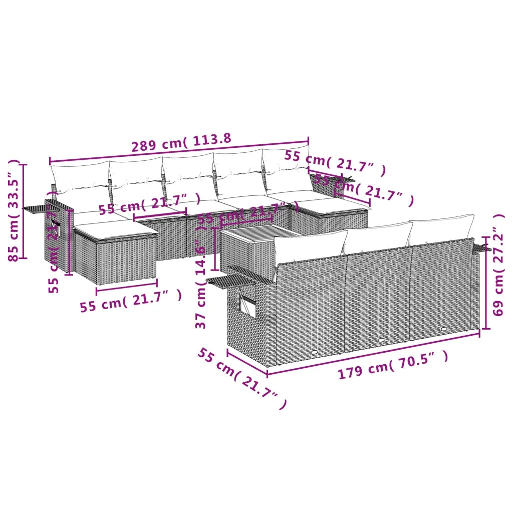 Set Divani da Giardino 11 pz con Cuscini Beige in Polyrattan 3257115