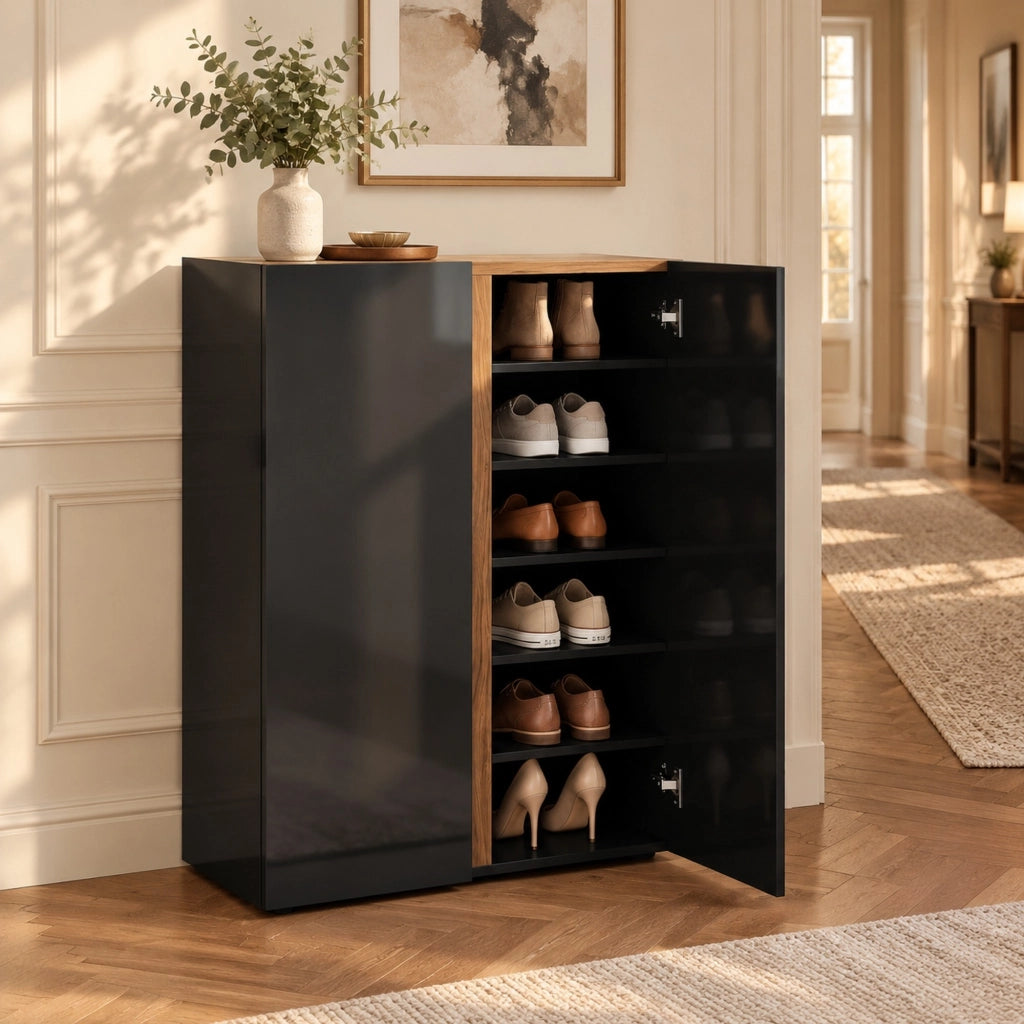 Mobile portascarpe a 6 livelli con ante soft-close senza maniglie; nero