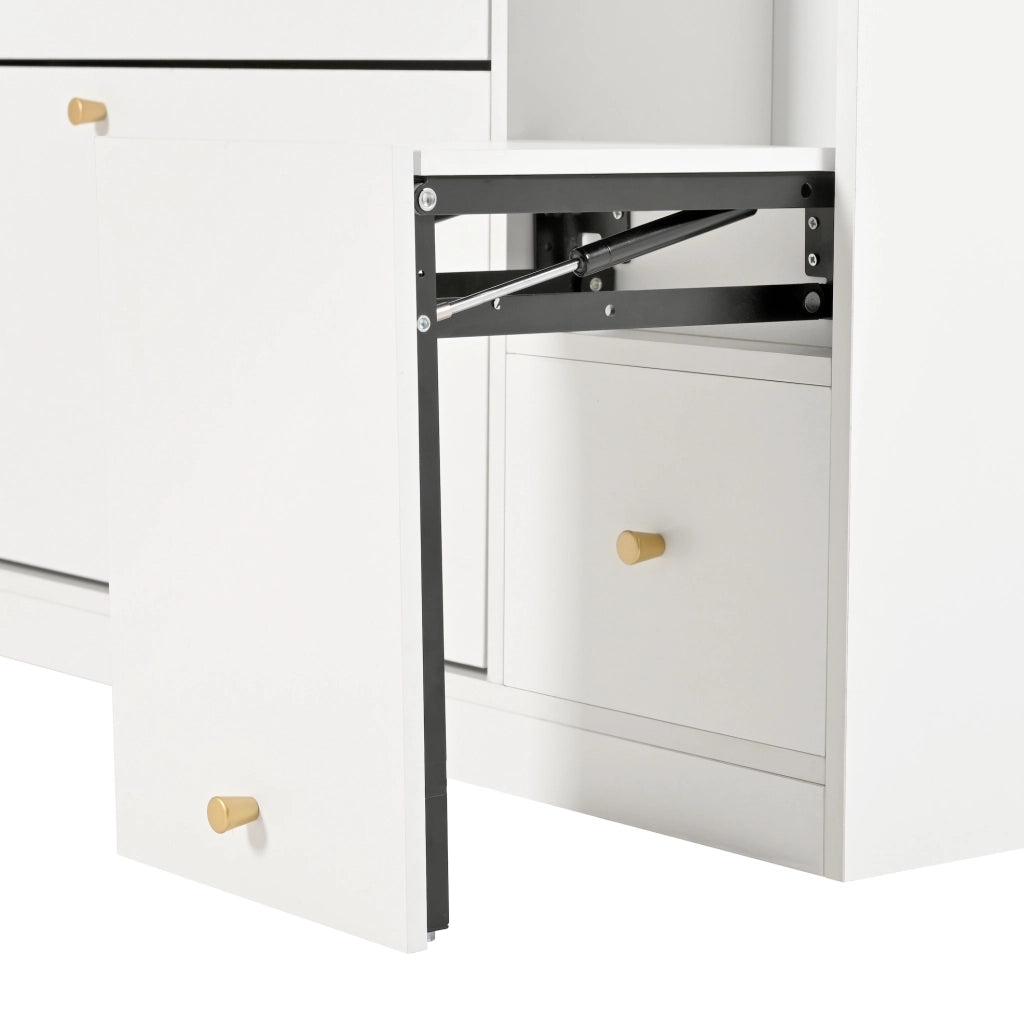 Scarpiera 119x24x122 cm con 3 cassetti a ribalta e panca richiudibile; pannello truciolare bianco
